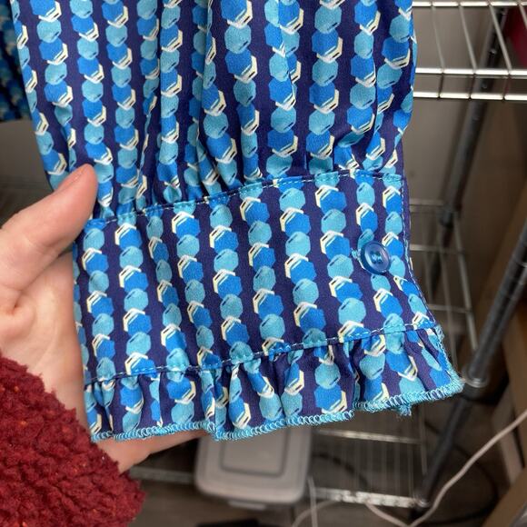 The Shirt Rochelle Behrens Blue Print Ruffled Blouse Size M Boho Fairy Victorian - Picture 10 of 12